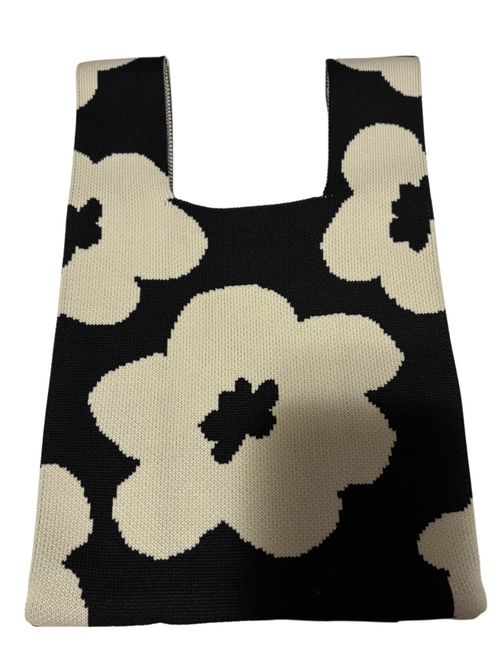 Source Unknown Black and Beige Knit Flower Tote Bag